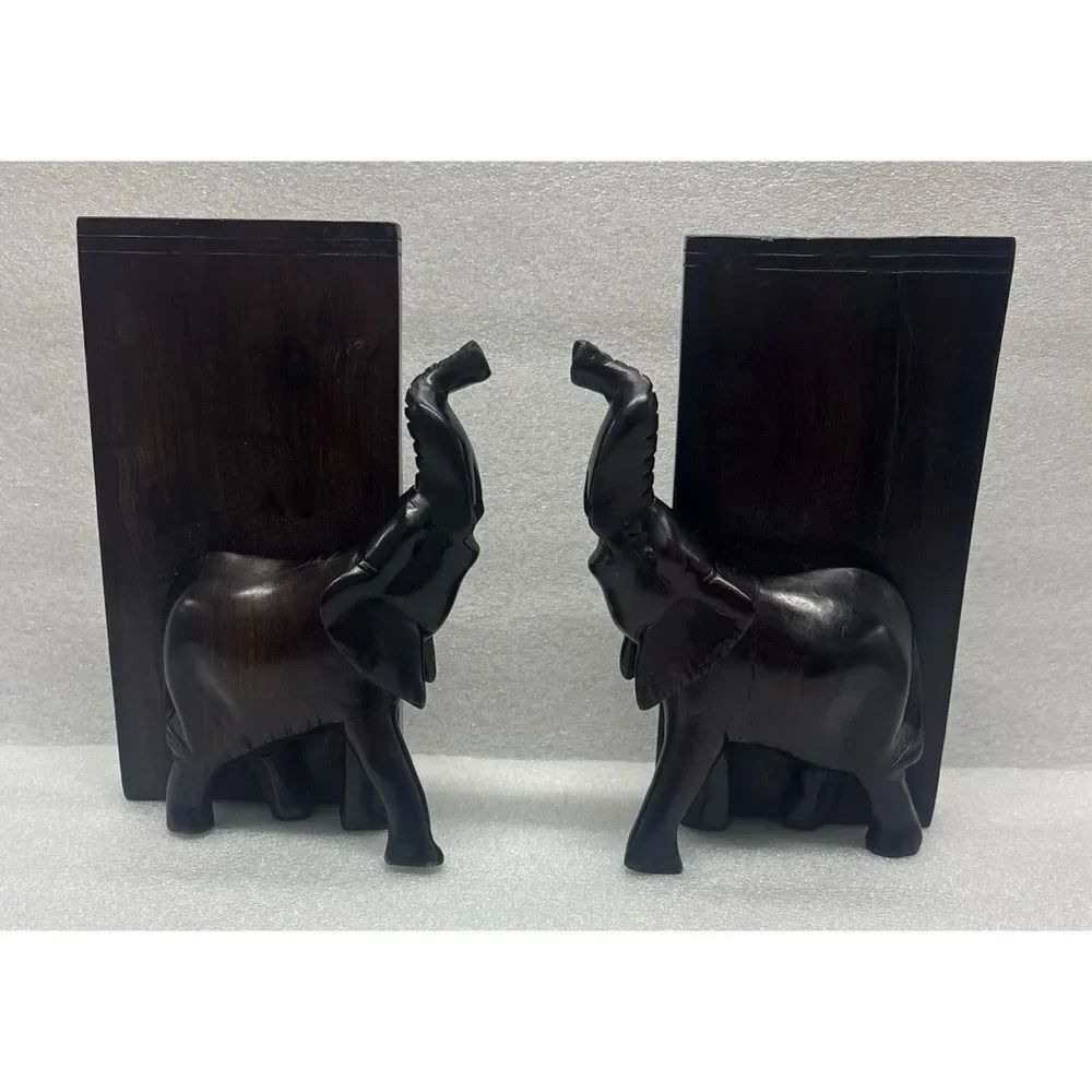 Mid 20β CenturyβHand-Carved Ebony Wood Elephant Bookends ~In Dark Chocolate